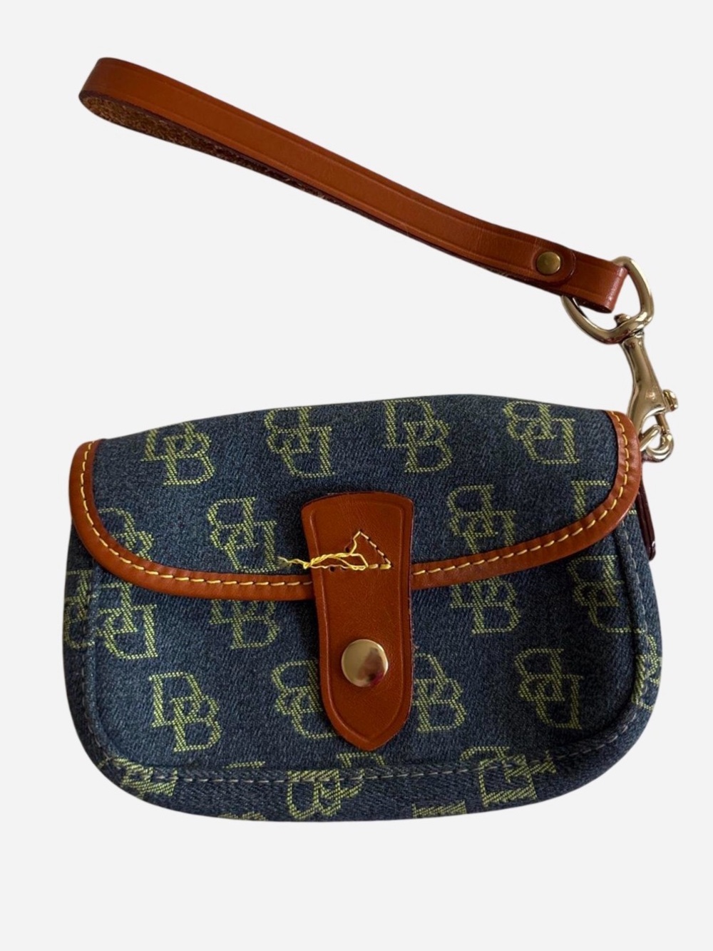 Dooney & Bourke Denim Monogram Wristlet with Brown Trim